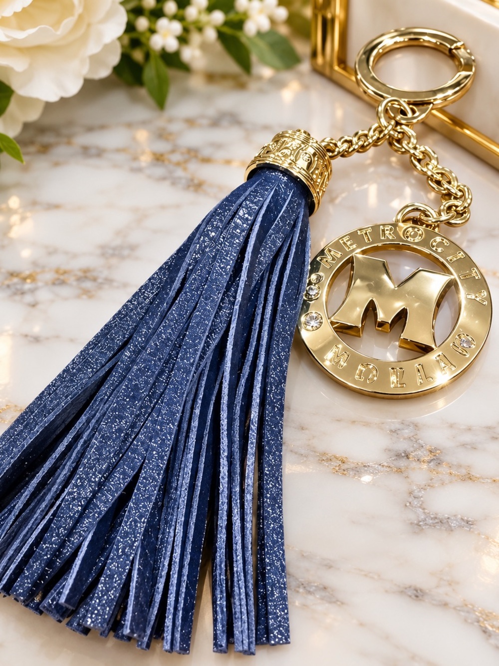 Mk blue Gold Logo Tassel Keychain with Navy Blue Glitter Tassel
